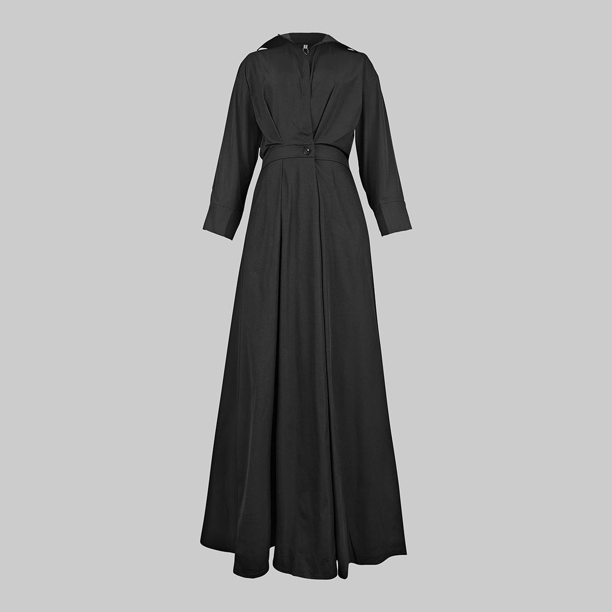 UOOZEE women's long-sleeved loose solid color lapel midi dress, waist design, comfortable and elegant, a must-have for commuting and formal occasions Midi Cloth, with pockets Modest Clothes SpringStatements