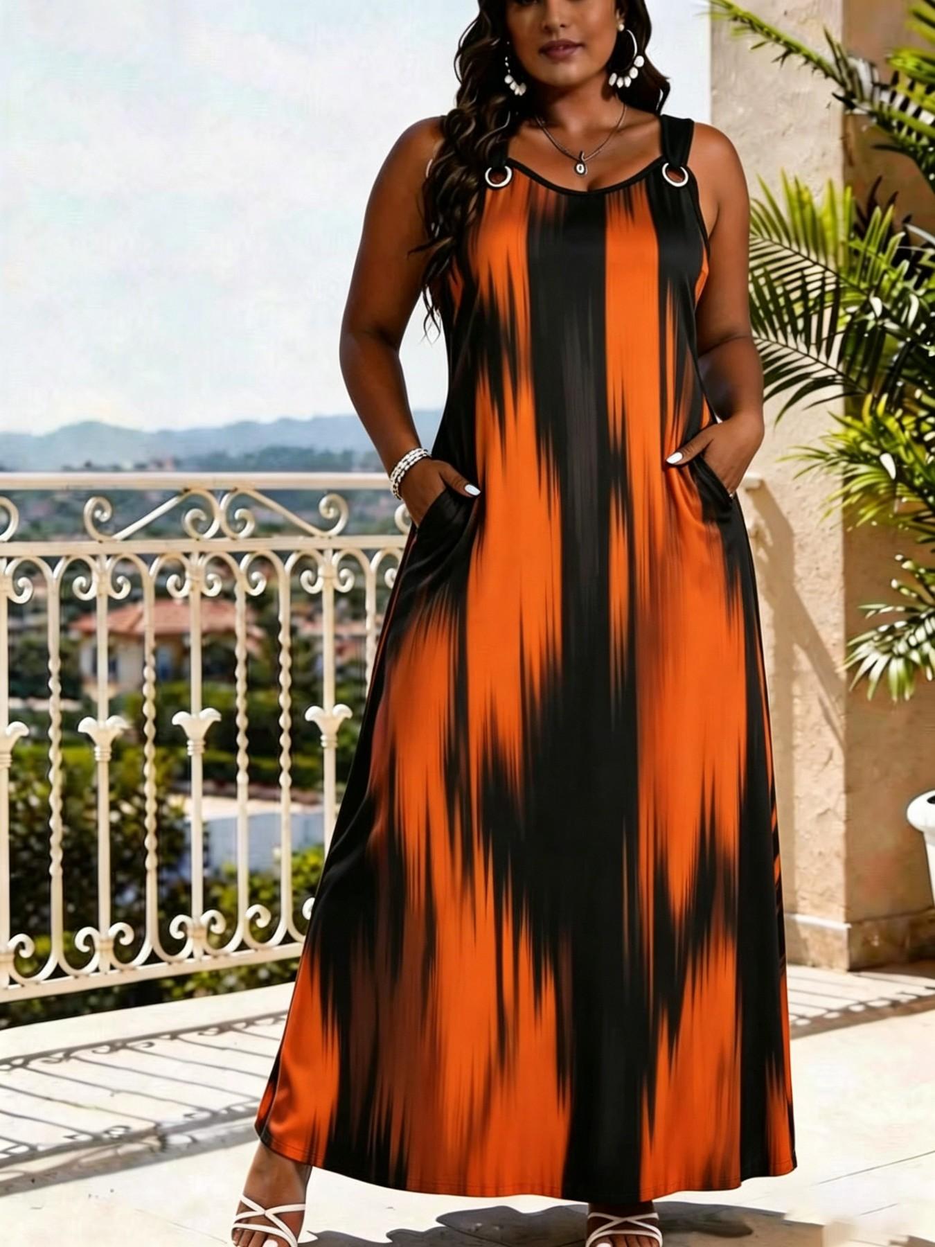 Elegant V-Neck Sleeveless Summer Maxi Dress for Women, Fashion Casual Wear, Striped Print Long Dress, Wide Strap & O-Ring Design, Perfect for Beach, Party and Daily Wear