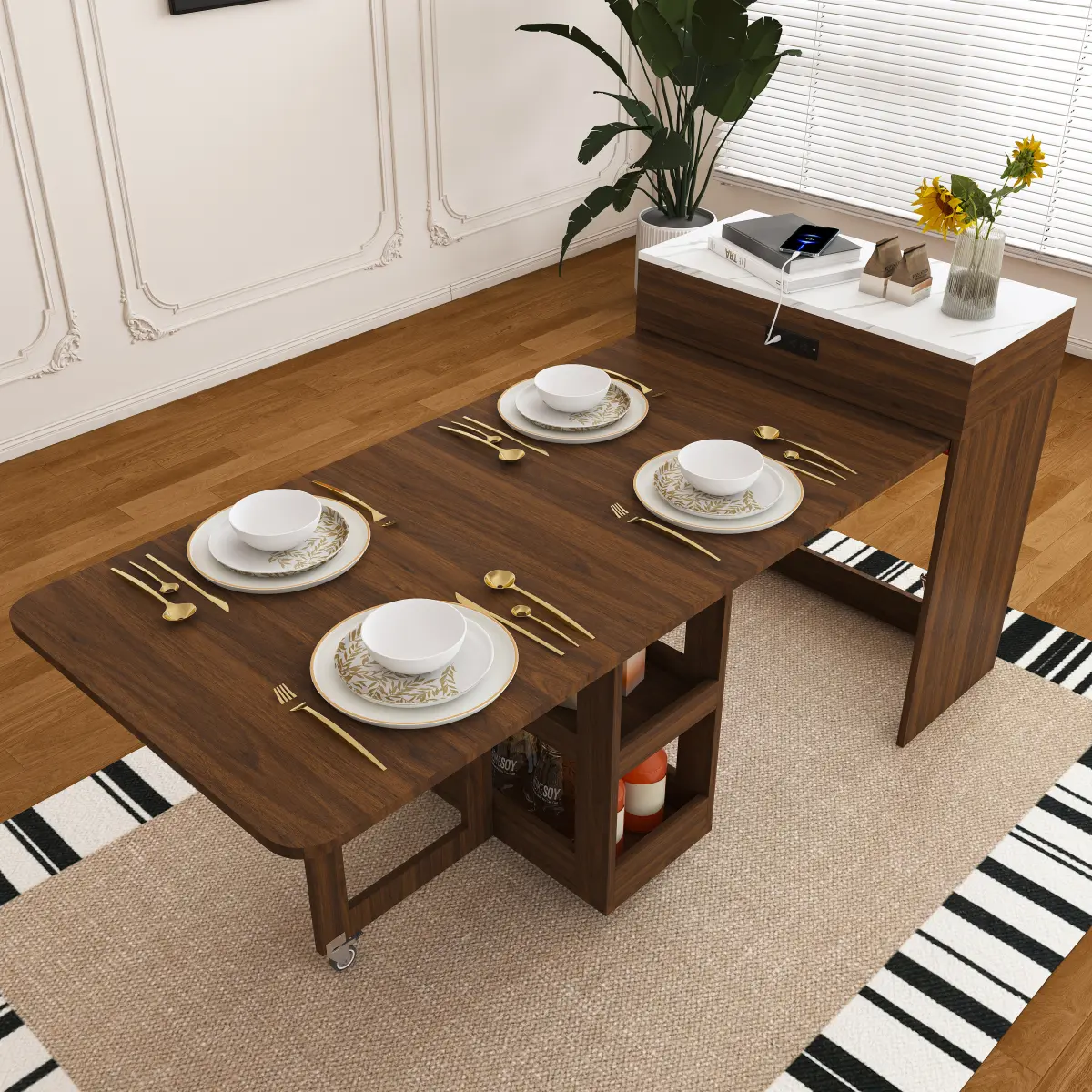 [Bellemave] 74-Inch Extendable Dining Table, Equipped with Power Socket, Lockable Casters and Small Space Storage Cabinet, with a Pull-Out Tabletop Kitchen Island, and Imitation Marble Surface