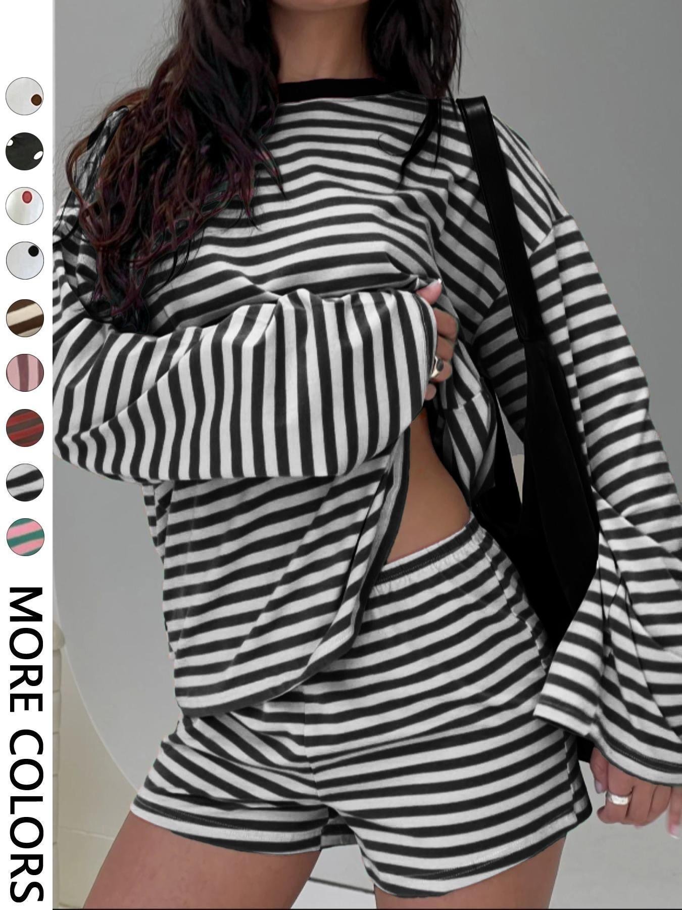 Valentine's Day Women's Casual Striped Long Sleeve Top & Shorts Set, Summer Matching Set, Loose Fit, All Season, Comfortable Travel Clothing for Daily Wear