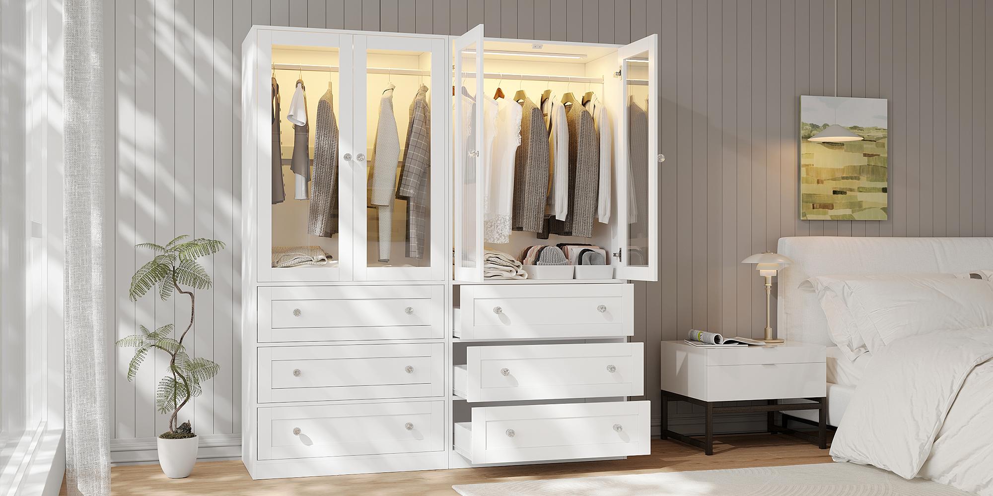 VOWNER Modern Glass Door Wardrobe with 3 Drawers – Sensor & Steady Lighting Modes, Adjustable Brightness, and Aluminum Alloy Hanging Rod