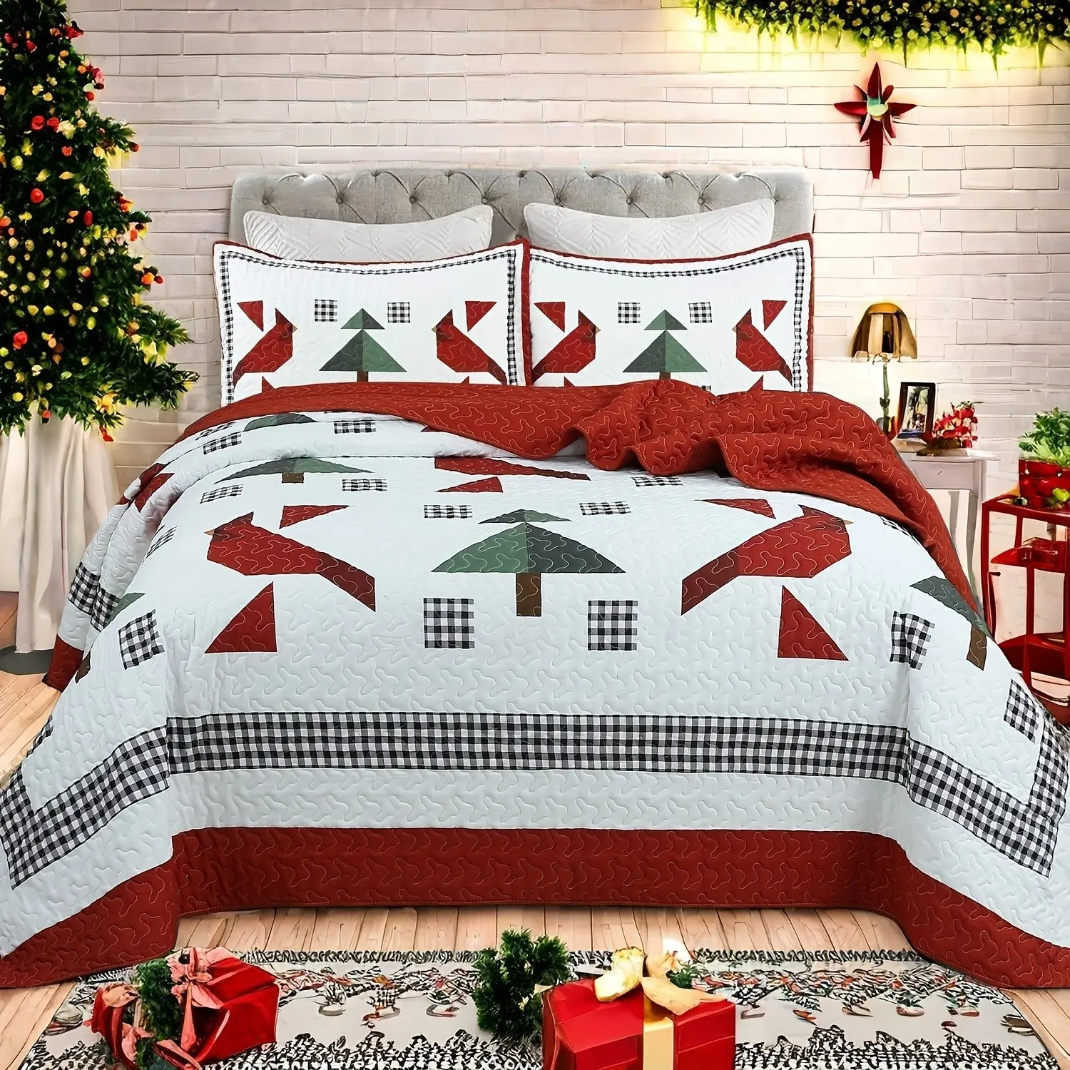 3pcs Festive Red Cardinals And Christmas Tree Geometric Quilt Bedspread Set – Holiday Block Design For Warm Decorations