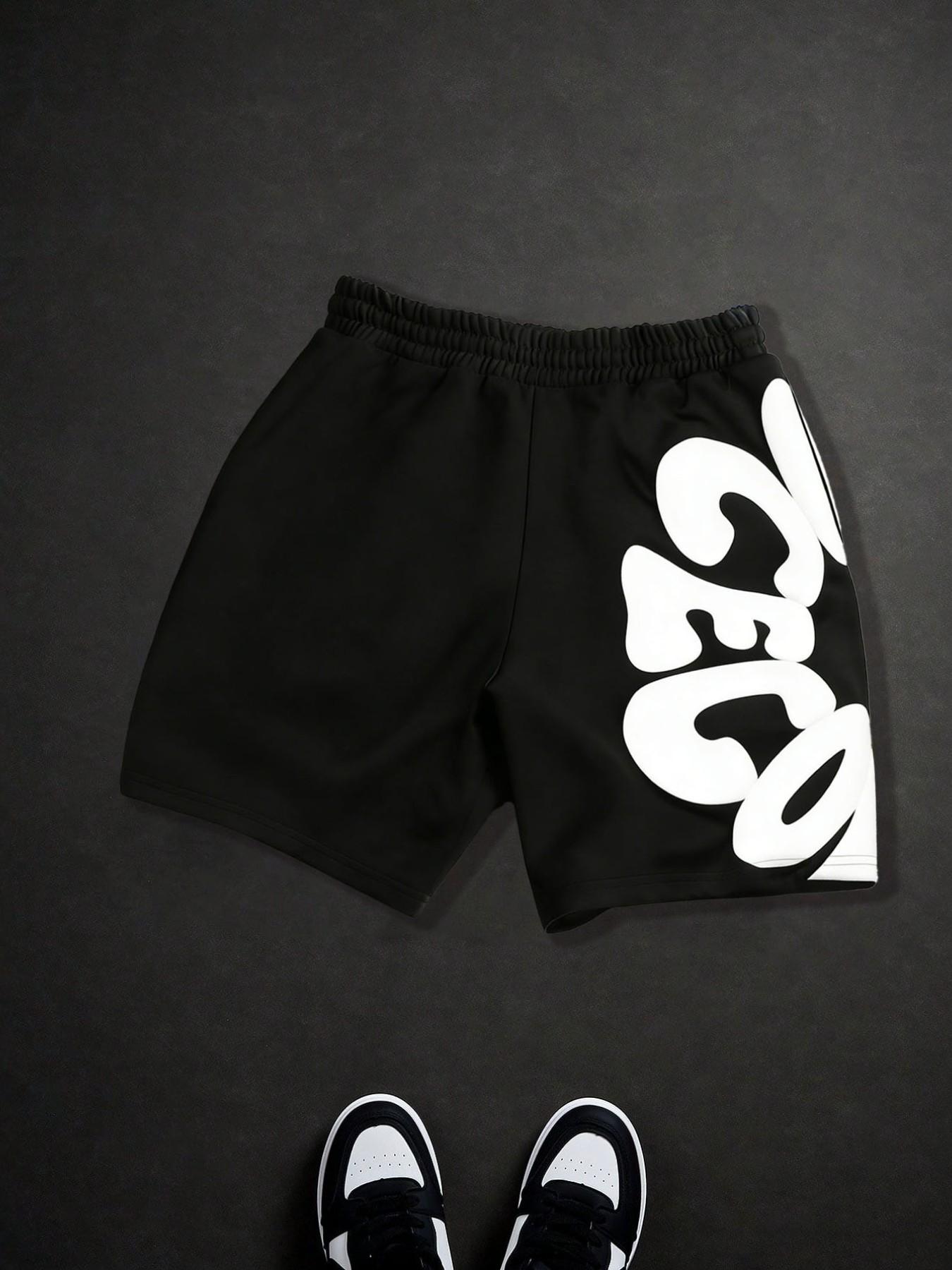 Men's Y2K Puff Letter Print Shorts - Black White Streetwear Casual Summer Shorts