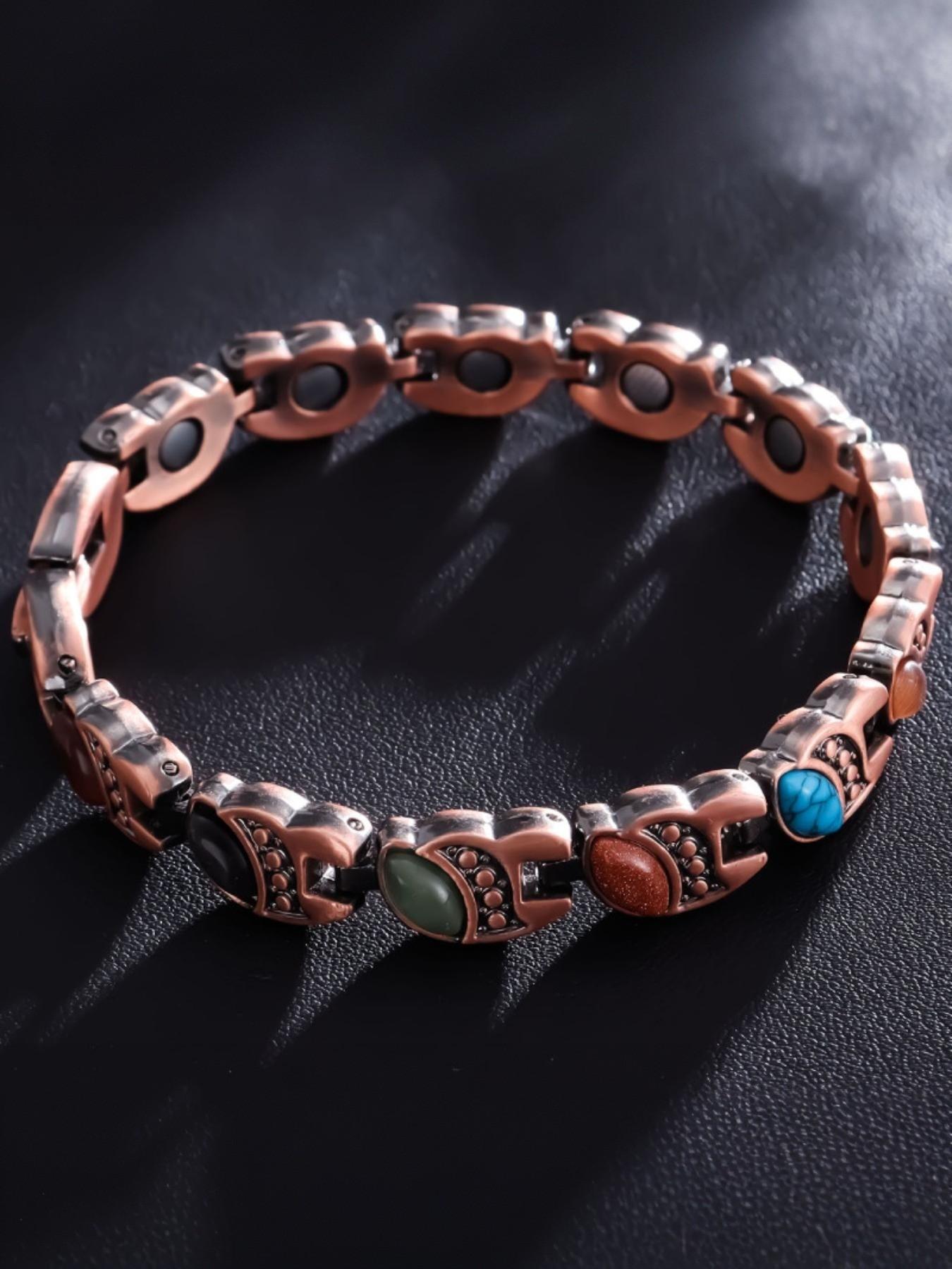 Women's Copper Bracelet, Magnetic Stone Bangle, Vintage Geometric Alloy Jewelry, Casual Fashion Gift, Includes Adjuster and Box