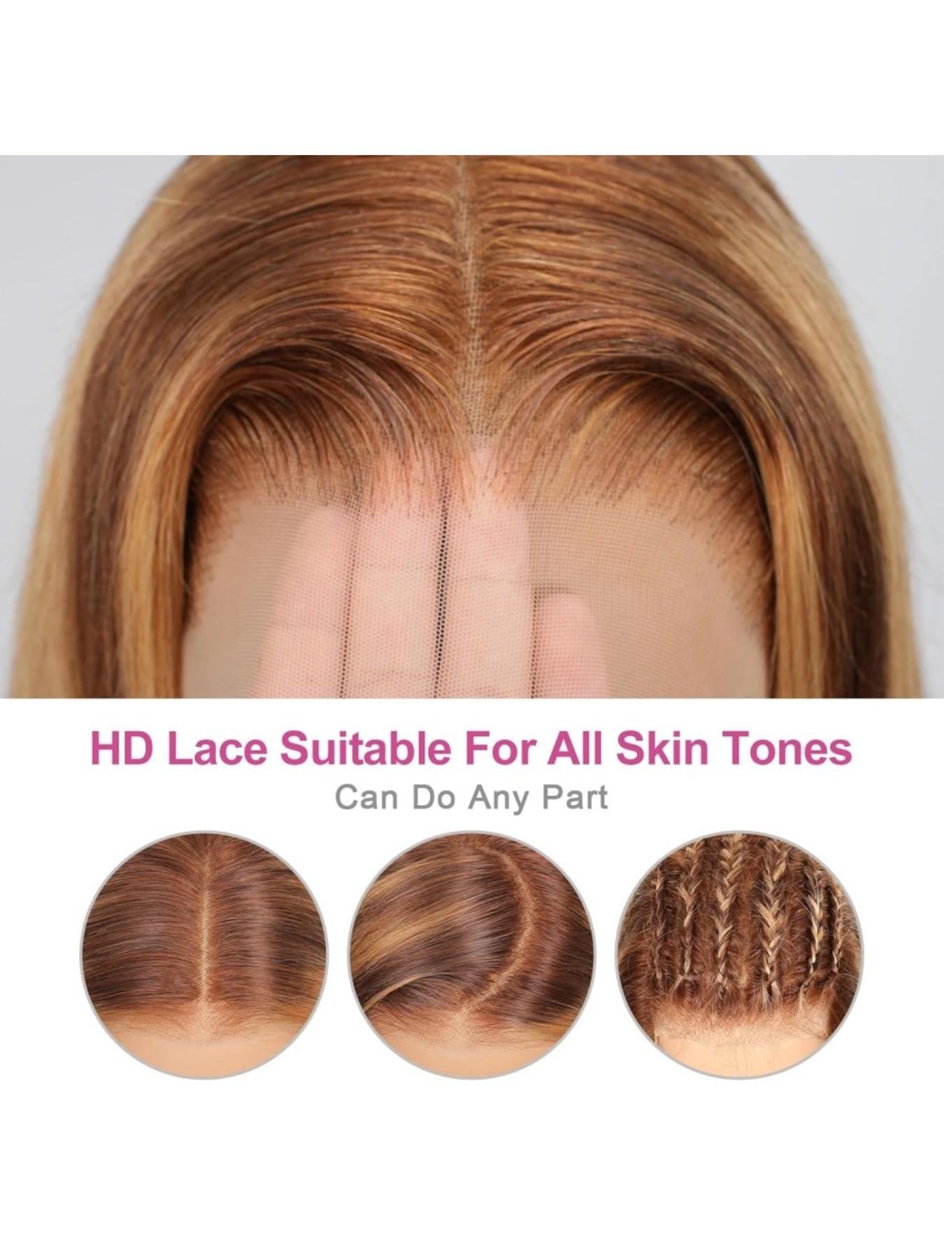 180% Density 13x4 Highlight Ombre Full Lace Frontal Bob Wig Human Hair 12A Brazilian Virgin Human Hair Pre Plucked 4/27 Honey Blonde HD Transparent Lace Glueless Wigs Human Hair