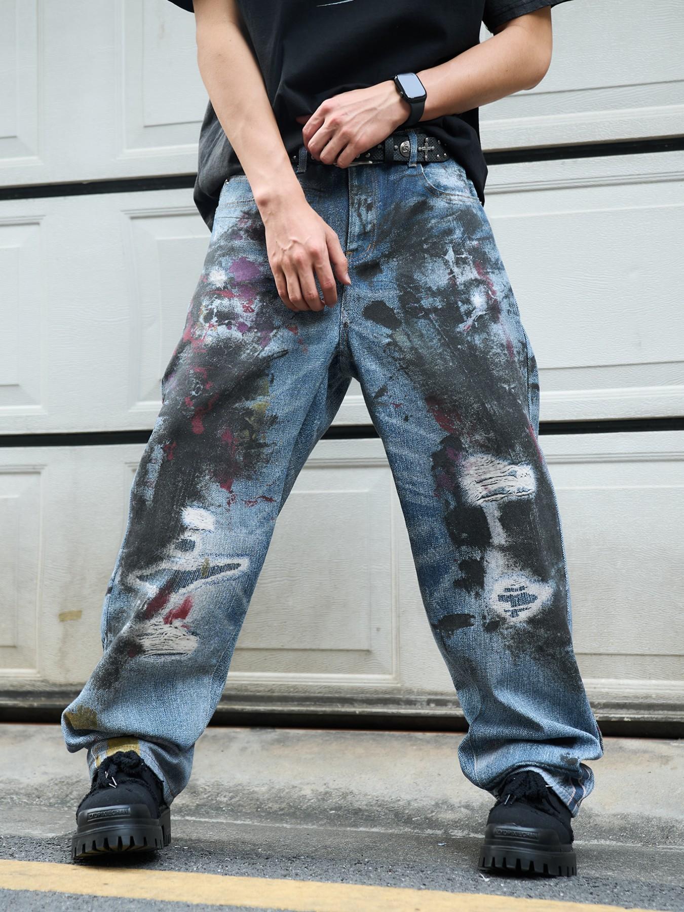 Men's 3D Printed Jeans Y2K Graffiti Denim Jeans, Loose Fit Wide Leg Vintage Washed Jeans, All Seasons Streetwear