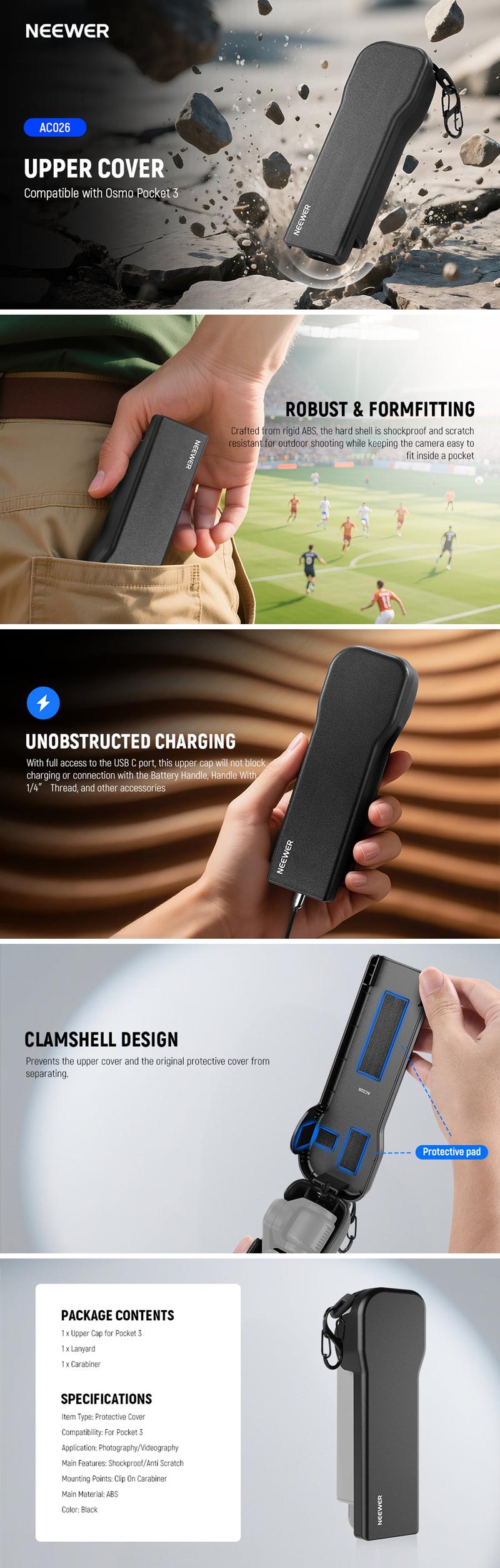 NEEWER AC026 Pocket 3 Protective Cover with Carabiner, Heavy Duty Shockproof Upper Hard Case Travel Hood Cap Compatible with DJI Osmo Pocket 3 Gimbal Screen Lens Protector Creator Combo Accessories