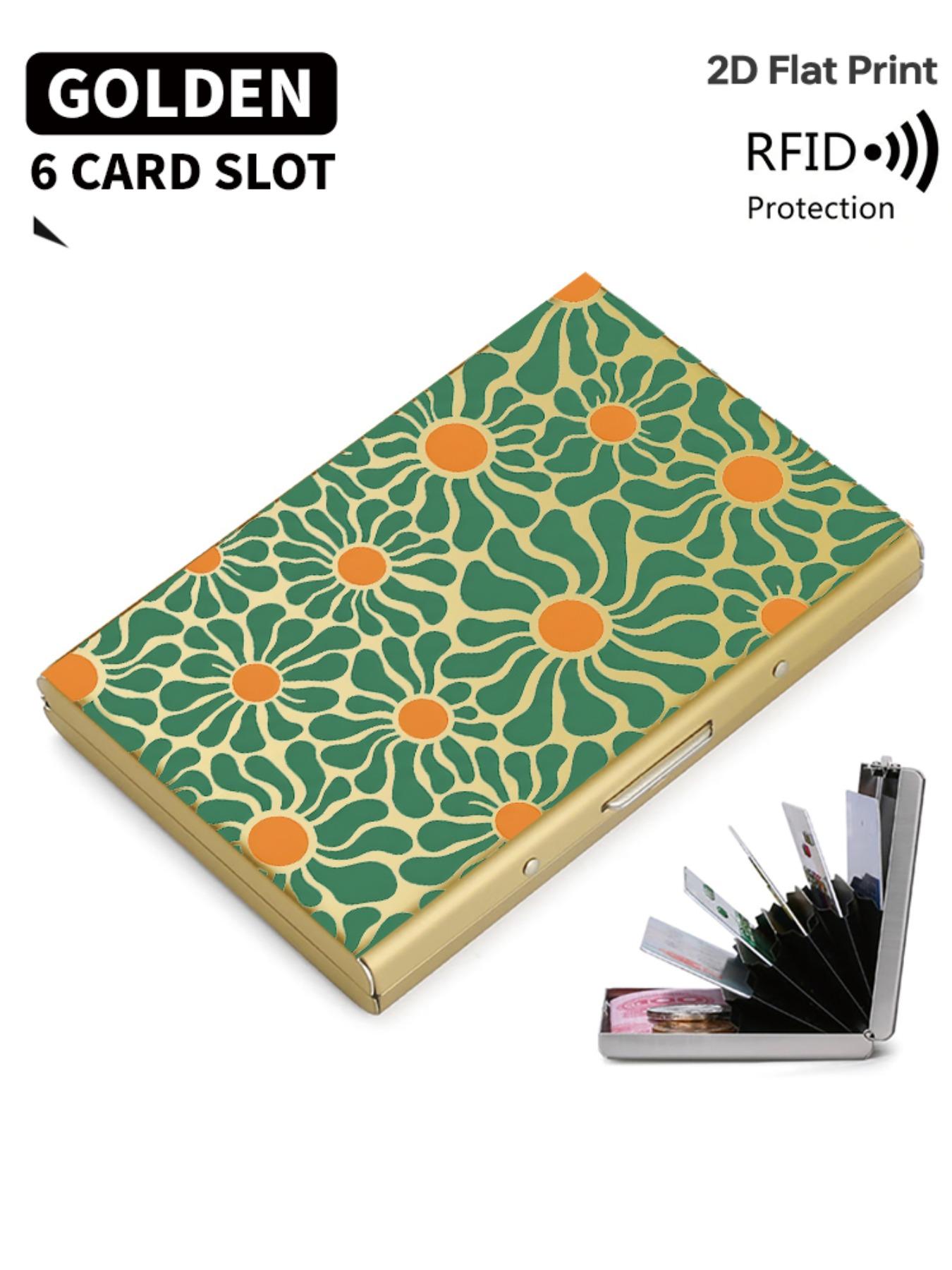 Rfid Anti-Theft Stainless Steel Card Holder, Vintage Daisy Pattern, Slim Wallet for 6 Cards, Unisex Travel & Business Use