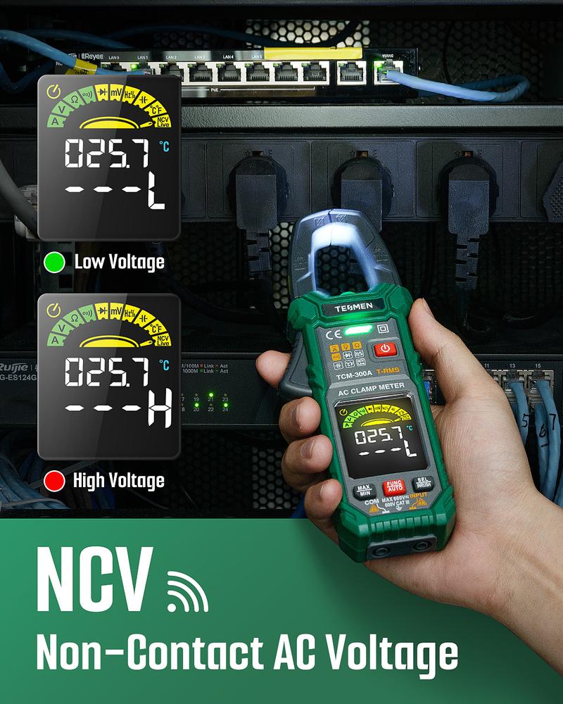 TESMEN TCM-300 Smart Clamp Meter Multimeter, 6000 Counts, Smart Measurement, Auto-Ranging with AC/DC Voltmeter, Non-Contact Voltage Detection, Measures AC/DC Volatge, Current, Resistance, Capacitance, Diode, Temperature, Continuity, Hz%