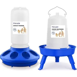Baby Chick Feeder and Waterer Set with Adjustable Height, Anti-Drown Poultry Waterer for Raising Chicks in Brooder (0.3 Gal Chick Feeder & 0.4 Gal Chick Waterer, Blue)