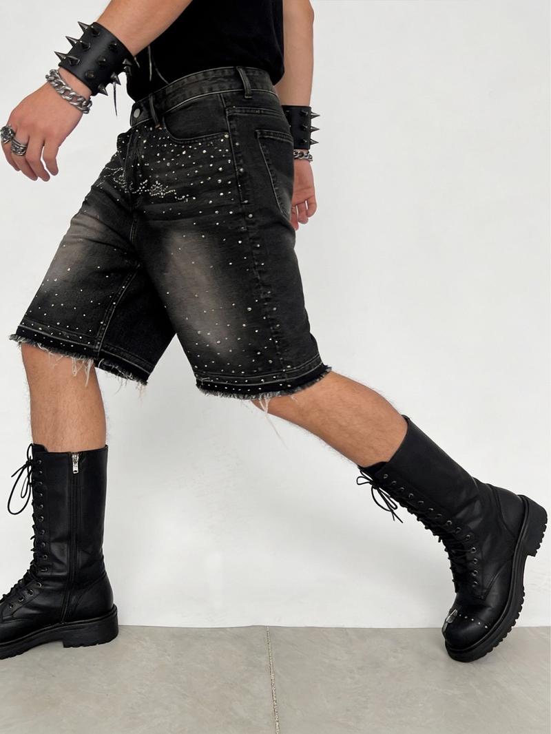 Men's shiny rhinestone-embellished denim shorts, black-gray washed denim five-point shorts, decorated with full silver rhinestones, straight-leg frayed design balances personality and versatility, Y2K street fashion shorts