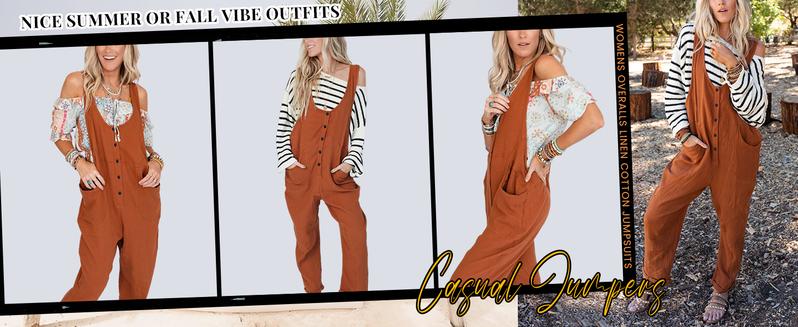 Tanming Women's Overalls Linen Cotton Jumpsuits Casual Loose Jumpers Adjustable Straps with Pockets FallFreshness