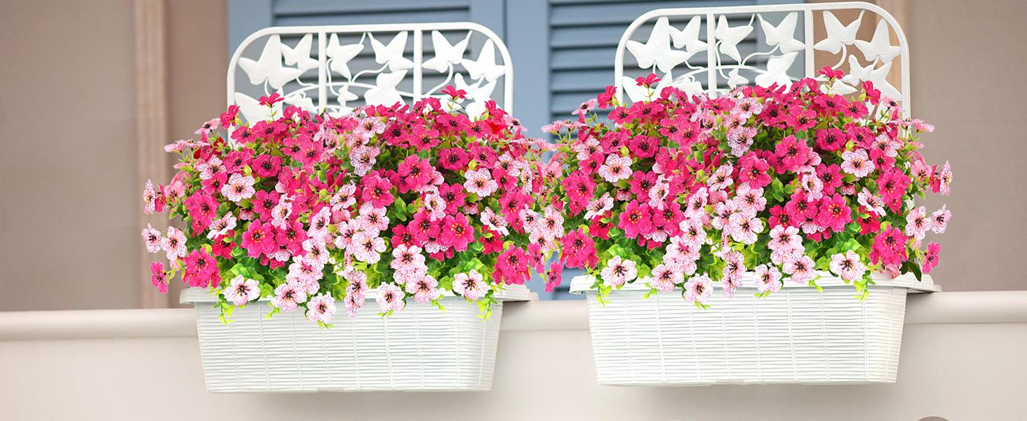 Elyum UV-Resistant Decorative Artificial Rose Red Flowers, 9 Bundles Faux Outdoor Plants for Porch Window Box Decoration