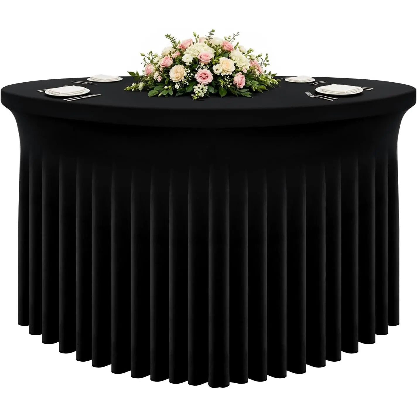 Smiry Round Spandex Tablecloth, Elastic Fitted Washable Tablecloths for 60 Round Tables, Waterpoof Stretch Table Cover Skirt for Wedding, Outdoor, Banquet & Parties, Black
