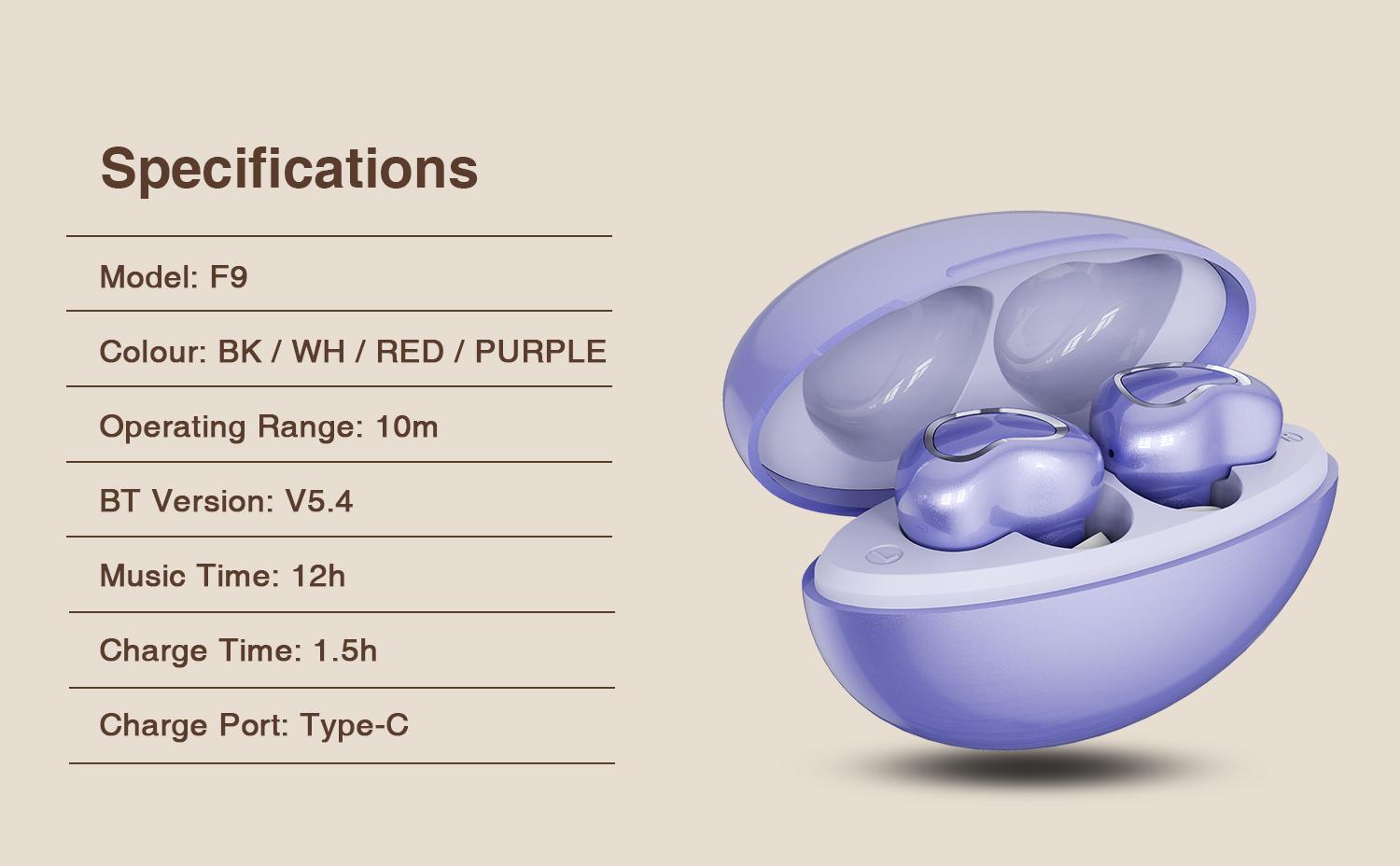 HYUNDAI F9 Heart Shaped Wireless Earphones, Cute Women's Wireless Earbuds，Light-weigh Sports Headset for Work, Hiking, Running and Outdoor Activities