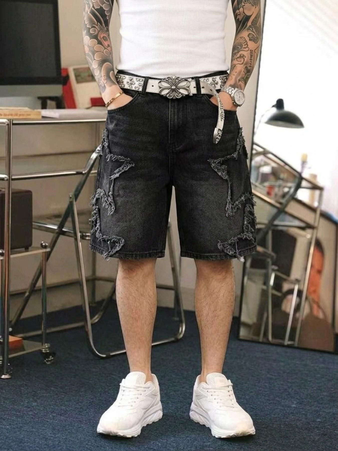 Summer Men's Retro Denim Shorts, Denim Look, Classic, Star Design, Pocket, Loose-Fitting, Plain Pattern, Casual Streetwear, Daily Wear, Comfortable and Stylish