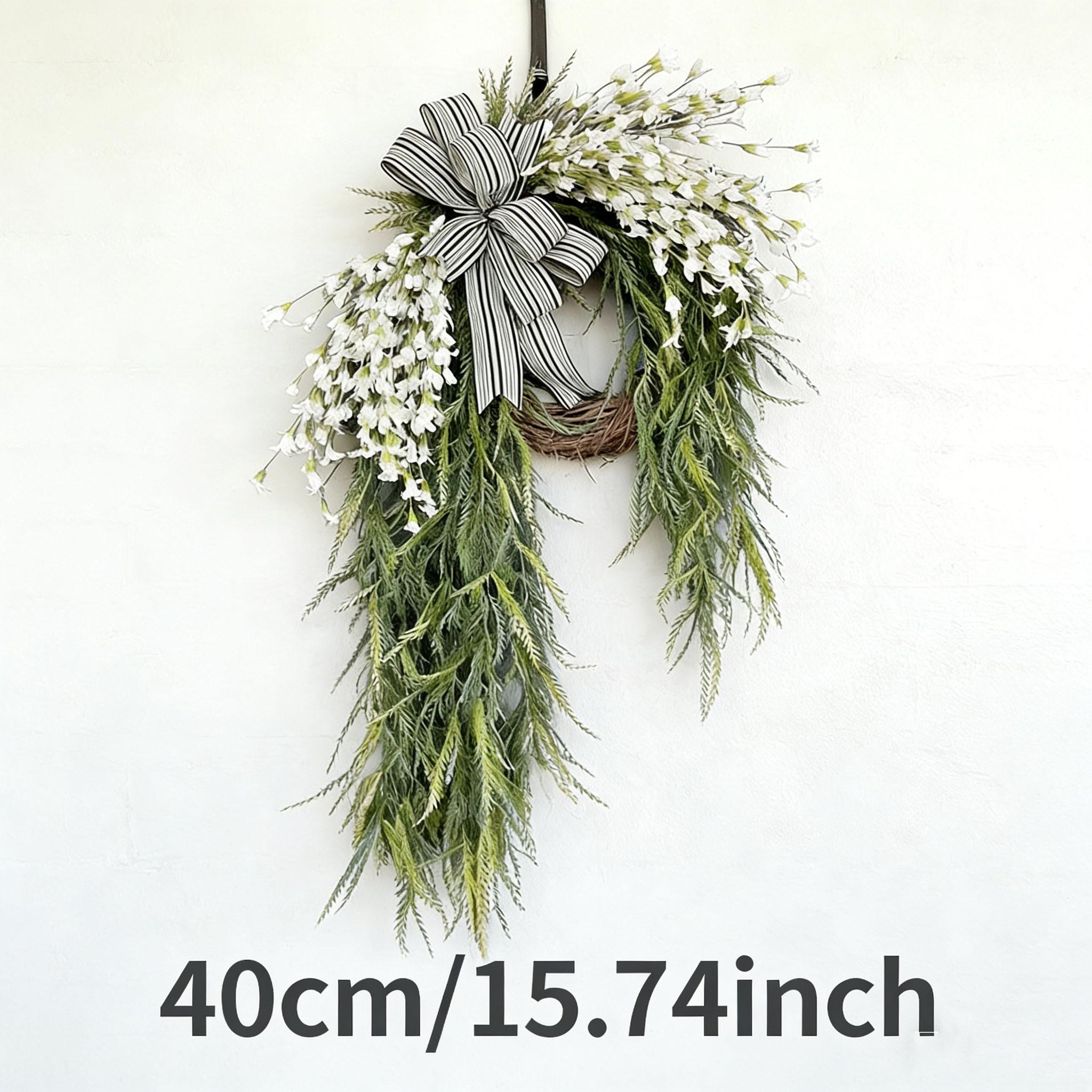 Spring Summer Front Door Decorative Wreath, Realistic Bell Flower Drip Tear Drop Door Knocker, Striped Bow, Plant Woven Wreath