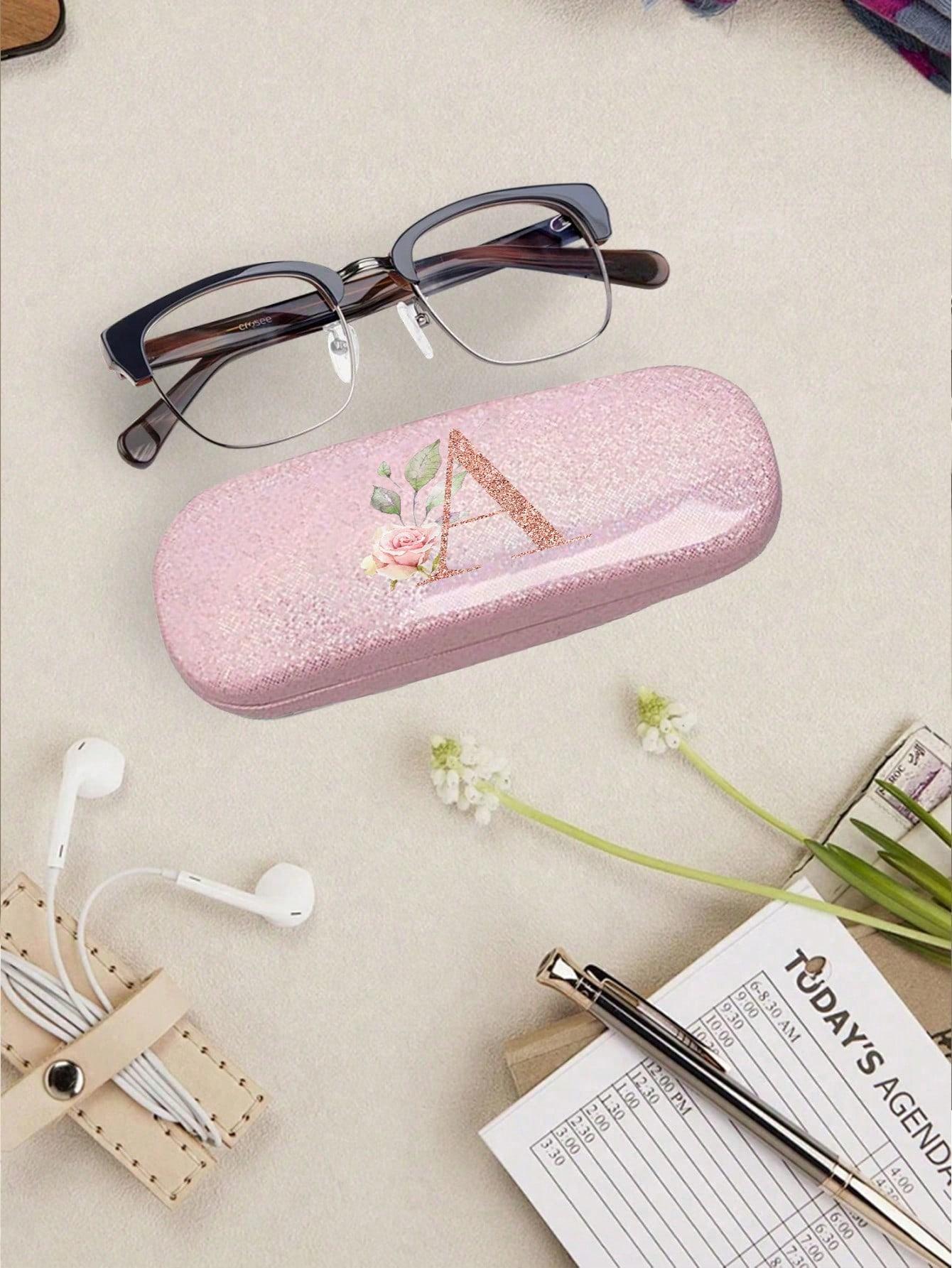 Pink Shiny Flower Letter PU Leather Glasses Storage Case, Portable Magnetic Glasses Storage Box, Sports Fashion Glasses Case Glasses Bag Travel Bag Portable Glasses Bag, Designed Glasses Case for Men, Women, and Students Glasses Accessories