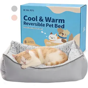 Mora Pets 2-in-1 Cooling & Warming Pet Bed, Washable Calming Cat Bed for Indoor Cats, Rectangle Fluffy Dog Bed for Small Medium Dogs & Puppies, Anti-Slip Bottom