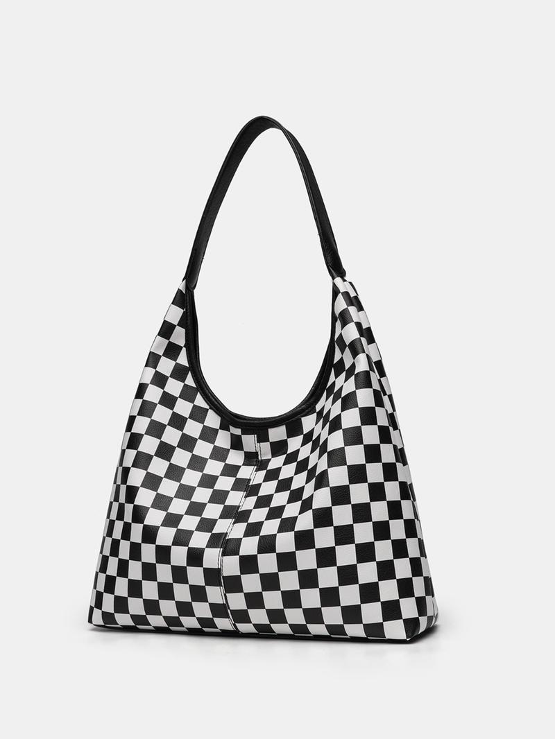 Large-Capacity Checkerboard Tote Bag Daily Bag For Travel And Shopping Shoulder Bag With Inner Pocket, Durable Polyester Material, Lightweight Tote Bag