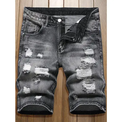 Men's Cotton Distressed Ripped Baggy Jean Shorts - Y2K Streetwear Menswear, High Street Stylish Knee-Length Bottoms, Breathable Comfy Casual Summer Wear, Easy Movement Fit for Sneakers Pairing