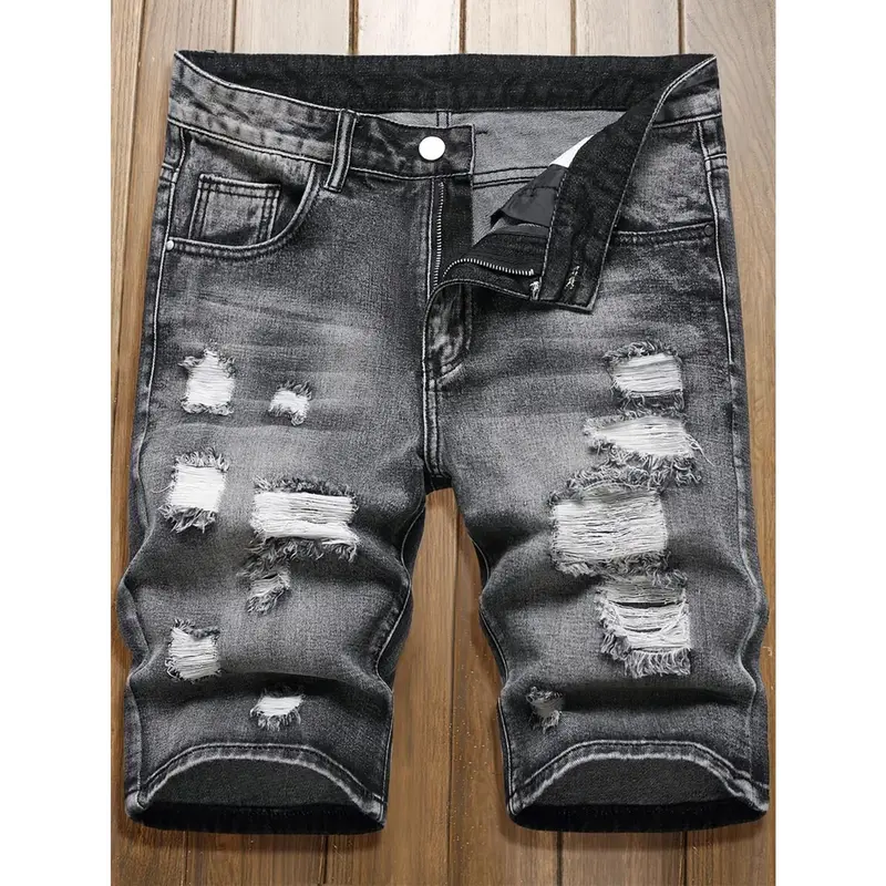 Men's Cotton Distressed Ripped Baggy Jean Shorts - Y2K Streetwear Menswear, High Street Stylish Knee-Length Bottoms, Breathable Comfy Casual Summer Wear, Easy Movement Fit for Sneakers Pairing