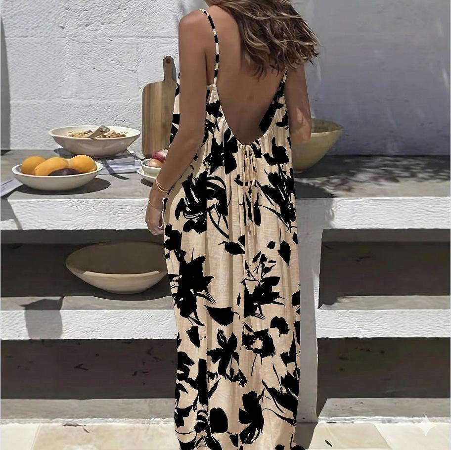 2026 Women's Nightdress Printed Halter Neck Backless Loose Nightgown Casual Homewear in Leopard Print
