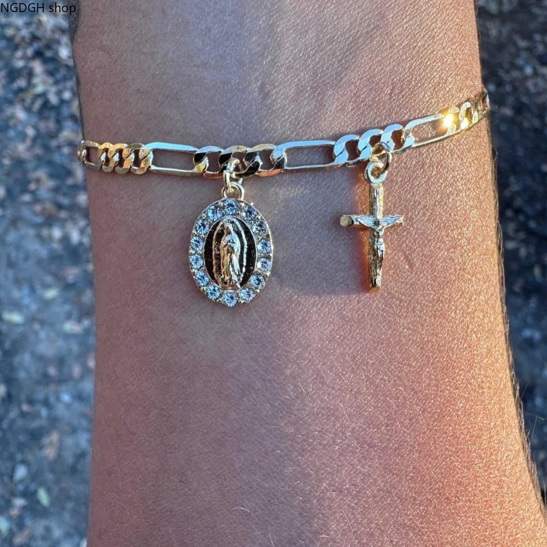 Virgin Mary Chain Bracelet in Gold-Tone, Waterproof Religious Jewelry for Men & Women, Spiritual Protection for Sports or Daily Wear, Religion, Gold Bracelets, Casual, Everyday Wear, Unisex