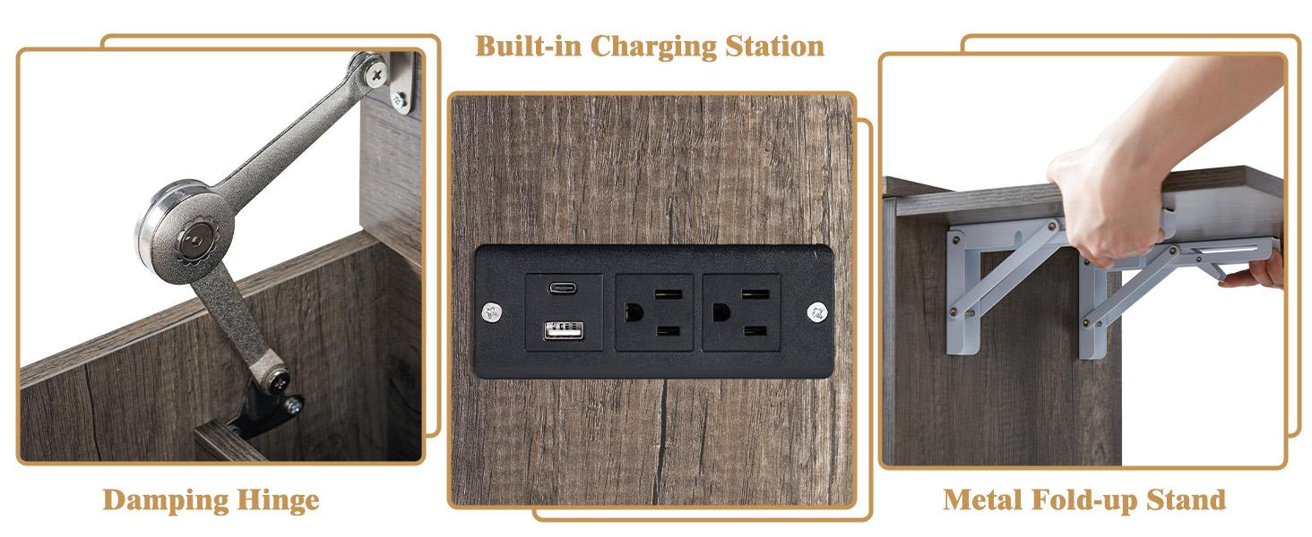 VanAcc 3-in-1 Vanity Set with LED Lighted Flip Top Mirror, Small Makeup Vanity Table with Fold-Up Panel, Hidden Stool and Charging Station, Versatile Vanity for Bedroom, Dressing Room, Sturdy and Durable