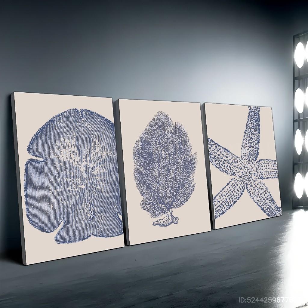 Modern Beach & Ocean Theme Wall Decor Set, Shell, Starfish, Floral Designs, Ideal for Living Room, Bar, Cafe, Home Office, Unframed Art Print