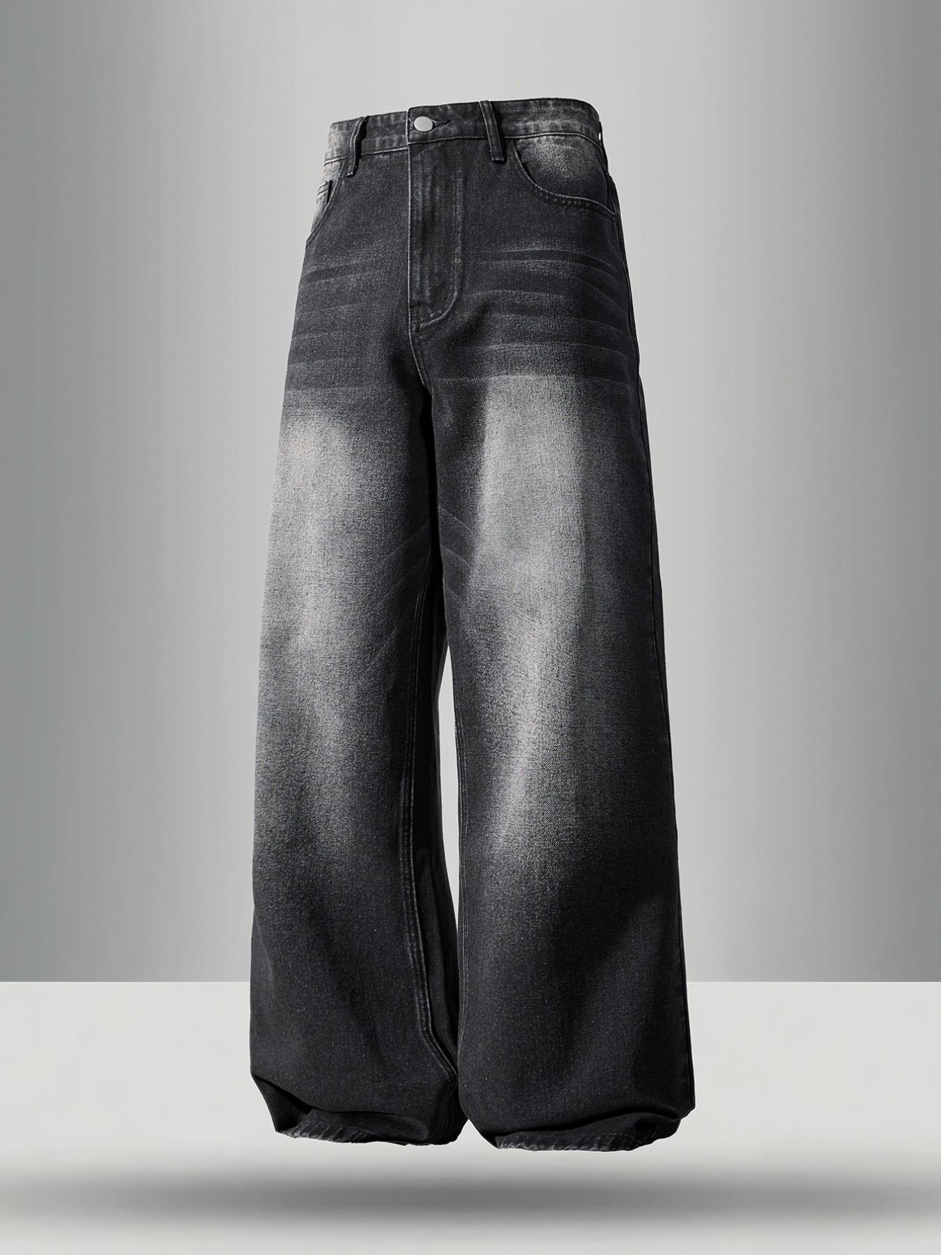 Men's retro vintage washed straight leg jeans, casual four season street style, zipper placket, solid color pattern, daily wear of denim pants, if you like loose fit, it is recommended to buy one size larger