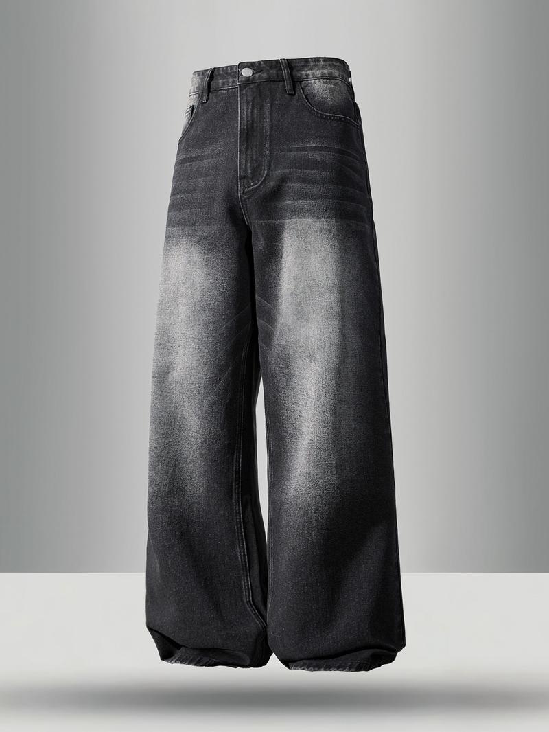 Men's vintage washed loose straight-leg jeans, casual four-season street style, zipper fly, solid color pattern, daily wear denim pants. If you prefer a looser fit, order one size larger.