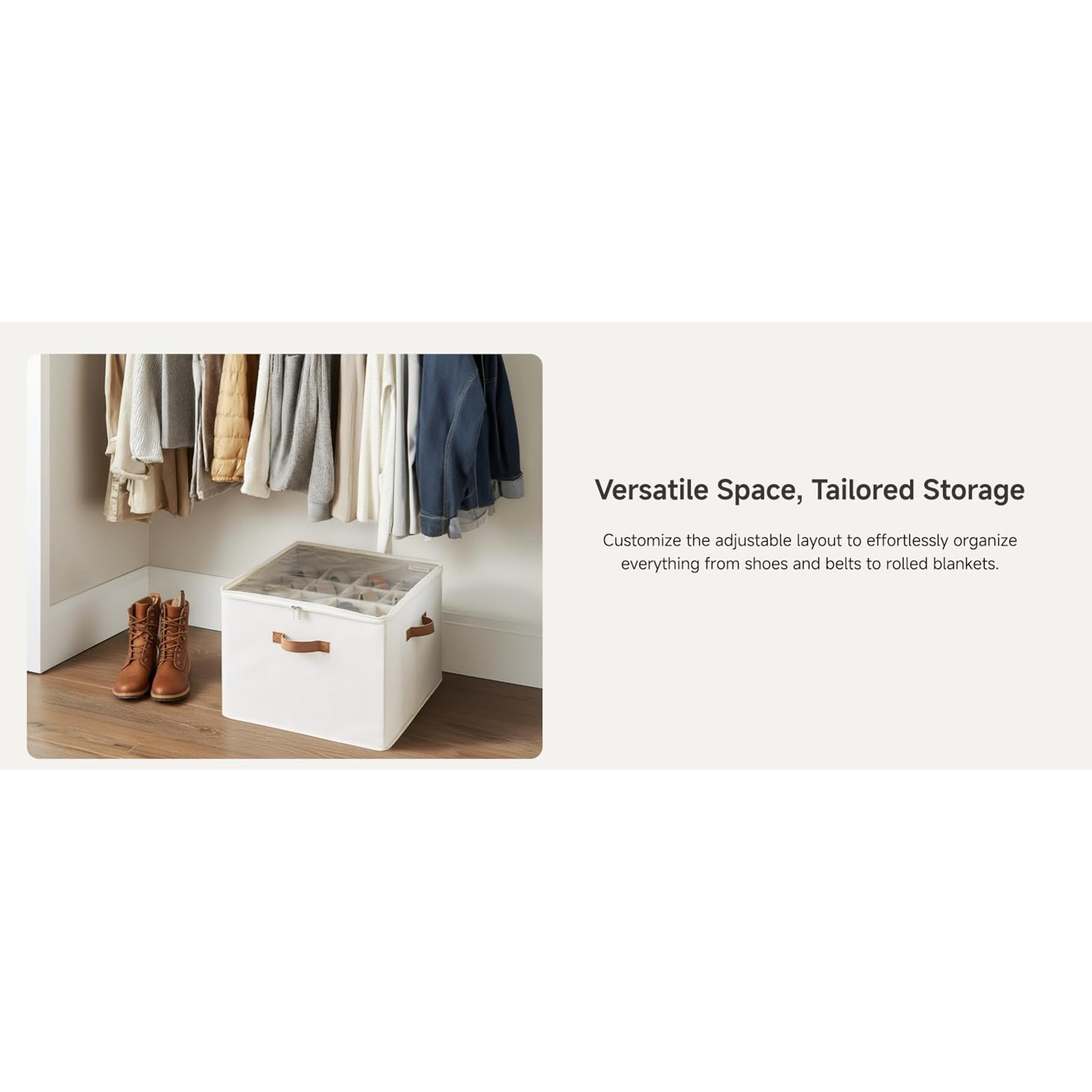 2 Pack Shoe Organizer for Closet, Foldable Shoe Storage Box with Adjustable Dividers, Fabric Shoes Container, Stackable Storage Bins for Boots, Sneakers, Fits up to 16-32 Pairs, Beige