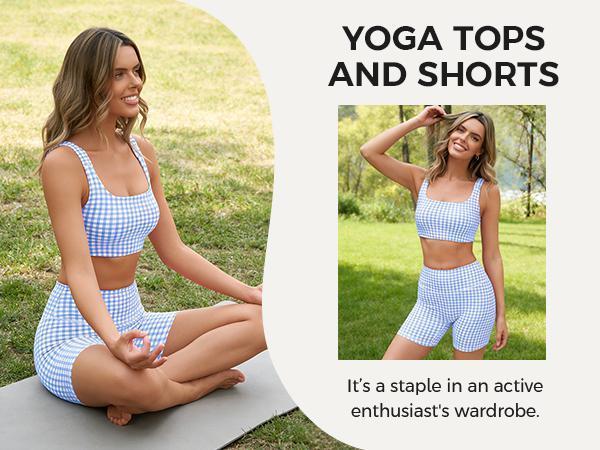 Aoysky Women's 2-Piece Sporty Chic Gingham Gym Set - Padded Open Back Crop Tank Top & High Waist Seamless Sports Shorts, Stretchy Athleisure Suit for Yoga (S-XXL) - Summer, Beach Vacation Outfits, Women's Bathing Suit Set, Workout Equipment