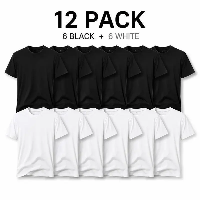 12-Pack Men's Cotton Blend Plain Crew Neck T-Shirts, 4.5oz Lightweight Regular Fit Short Sleeve Tops, 6 Black + 6 White, Machine Washable, Ideal for DTF Printing & Wholesale