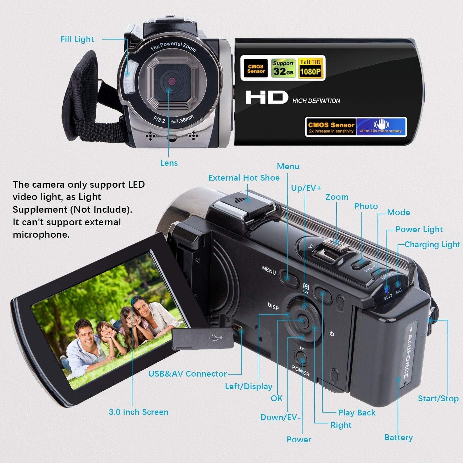 Video Camera Camcorder Digital Camera Recorder  1080P 15FPS 24MP 3.0 Inch 270  Rotation LCD 16X Digital Zoom Camcorder Camera with 2 (Black)