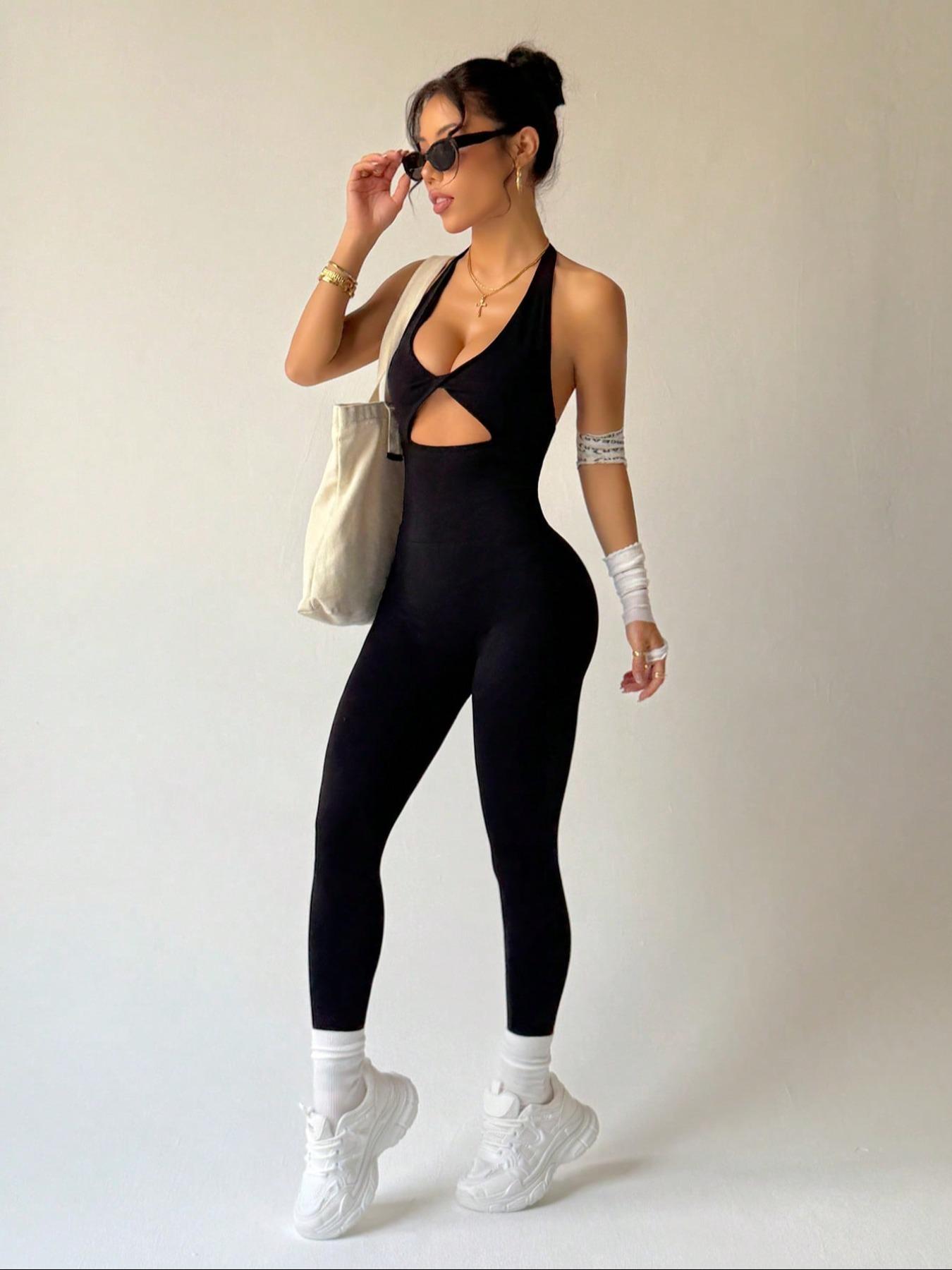 Women's Sexy Backless Halter Jumpsuit, High Elastic Breathable Fabric Jumpsuit, Removable Chest Pad, Stylish Activewear for Fitness, Sporty Jumpsuit, Ruched Sports Jumpsuit, Sporty Comfy Jumpsuit