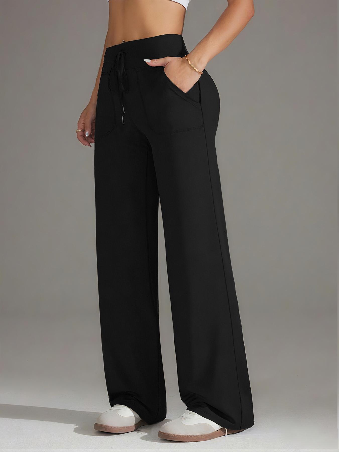 High Waist Drawstring Elastic Casual Pants, Wide Leg Straight Fit Gym Pants, Fall & Winter Long Pants with Pockets, Athleisure Style Bottoms