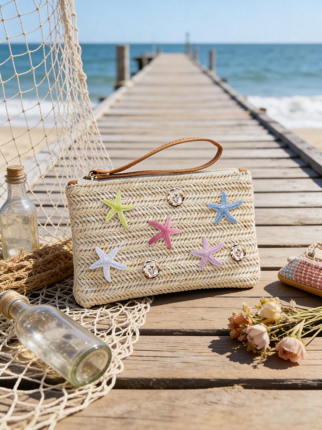 Boho Starry Straw Handbag, Colorful Star Decor, Beach Travel Bag, Summer Vacation, Casual Outings, Mother's Day Gift, Women & Teens