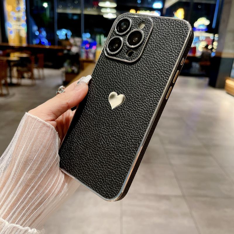 Luxury Solid Color Leather Plating Border Love Logo Phone Case For iPhone 16 Pro Max 14 11 12 13 15 Pro Max Bumper Back Cover