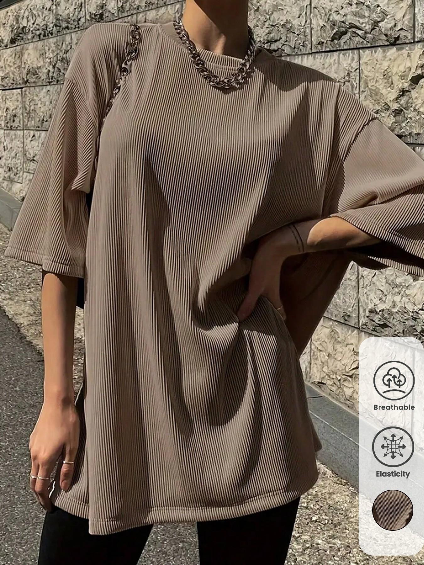 tiktokshopspringglowup Women's oversized ribbed T-shirt, breathable and elastic loose summer top, comfortable daily street wear basic T-shirt