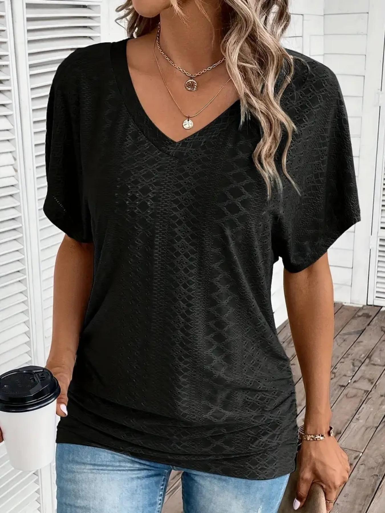 Women's Plain V Neck Tee, Casual Short Sleeve T-Shirt for Daily Wear, Ladies Clothes for Summer