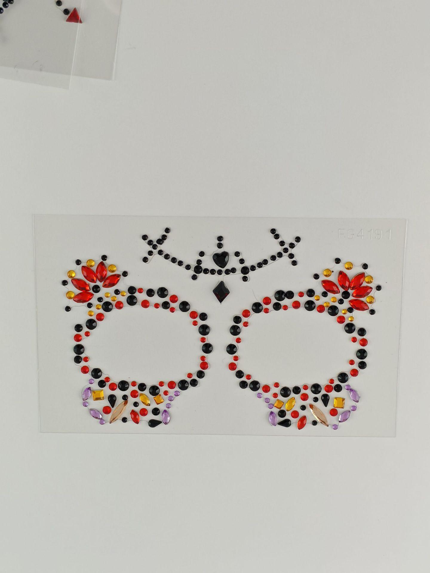 Halloween skull face rhinestone stickers, forehead rhinestones, stage makeup face rhinestone stickers, decorative makeup rhinestones, party face stickers