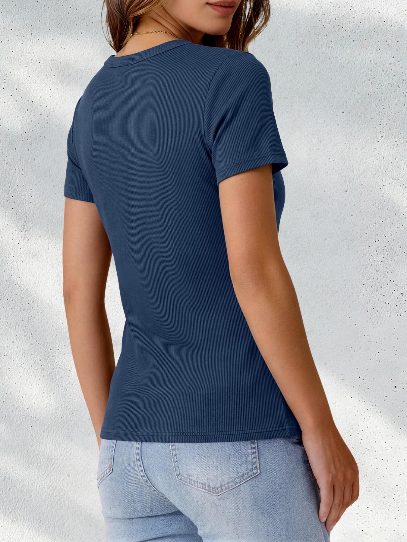 Women's Ribbed V-Neck Short Sleeve Summer T-Shirt 4-Piece Set, Casual Fitted Solid Color, All Seasons Wear, Plain Surface Unlined Design