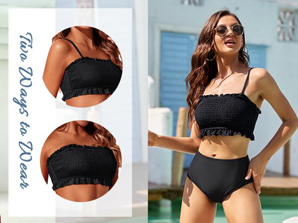 Tempt Me Women Bandeau High Waisted Bikini Sets Smocked Swimsuit Strapless Two Piece Bathing Suit