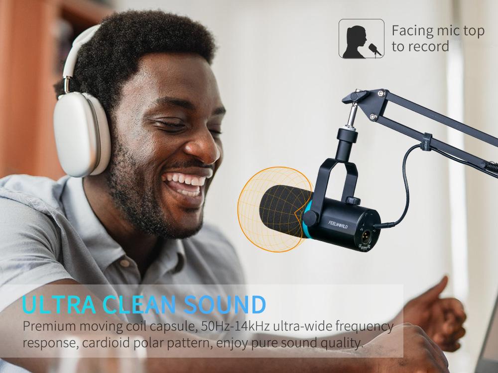 FEELWORLD PM1 XLR USB Dynamic Microphone with Boom Arm Stand for Podcast Recording PC Computer Gaming Live Streaming Vocal Voice-Over, Studio Metal Mic, RGB Light, Mute Button, Headphones Jack