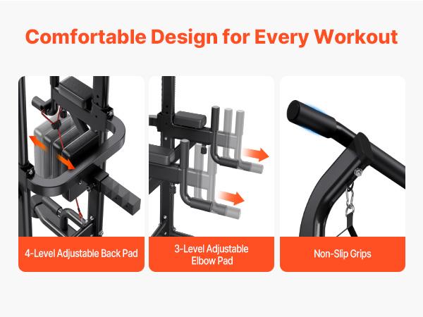 VEVOR Pull Up Bar, 330 LBS Power Tower Dip Station, Workout Dip Station with H-Shaped Stable Base Back Pad, Adjustable 12 Level Height Free Standing Chin Up Bar for Back, 4-Level Adjustable Back Pad