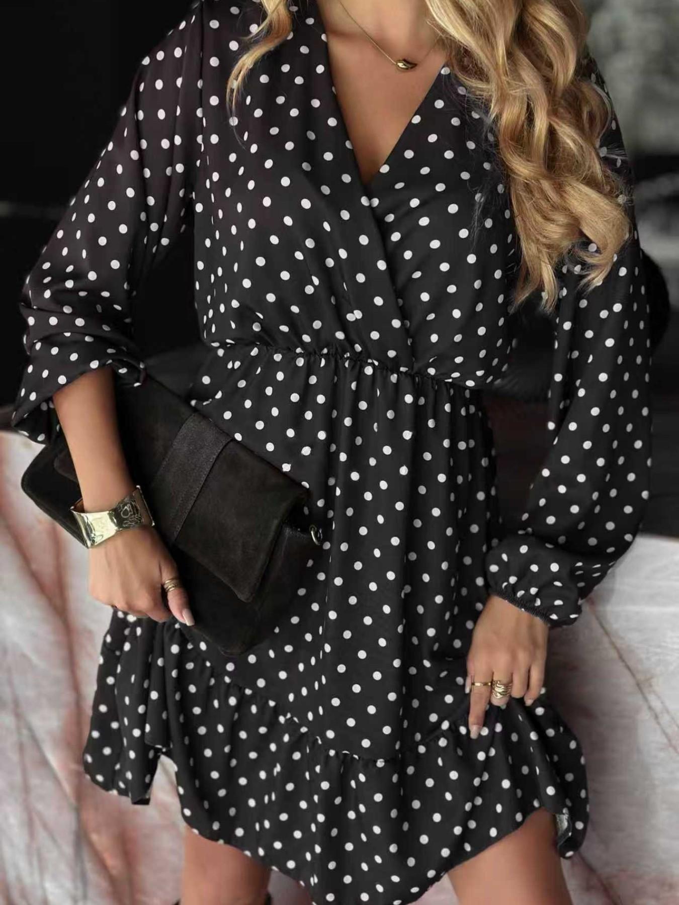 Polka Dot Dress French Sweet V Neck Long Sleeve Midi Tight Waist Women's Clothing, Stylish and Comfortable Design for Daily Wear