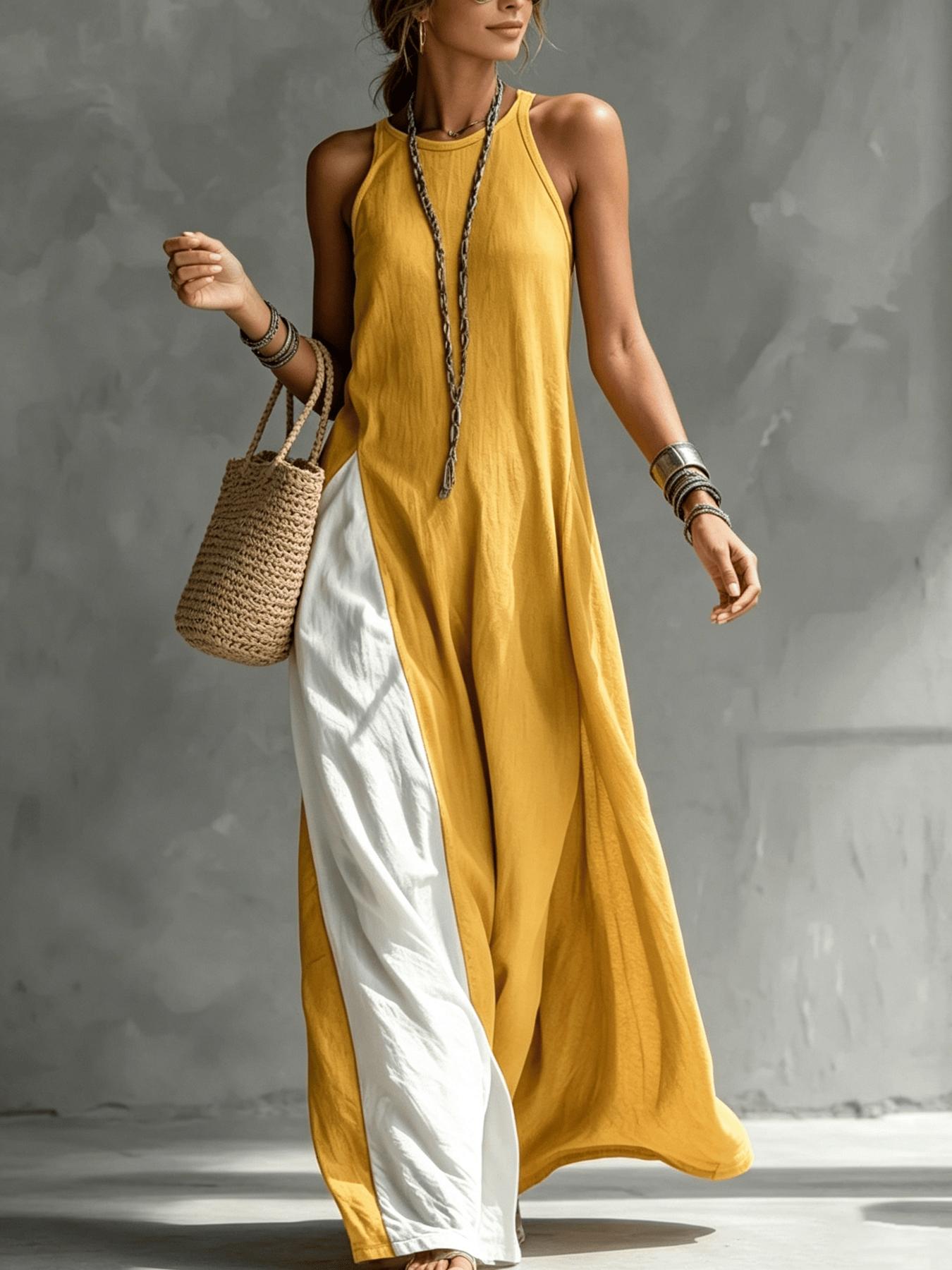 A women's color-blocking dress, Casual Beach Dress, Beach Resort Wear, with sleeveless vest, draping and flesh-concealing long skirt, suitable for summer, beach vacation, exploring shops, attending exhibitions, dating, and enjoying afternoon tea