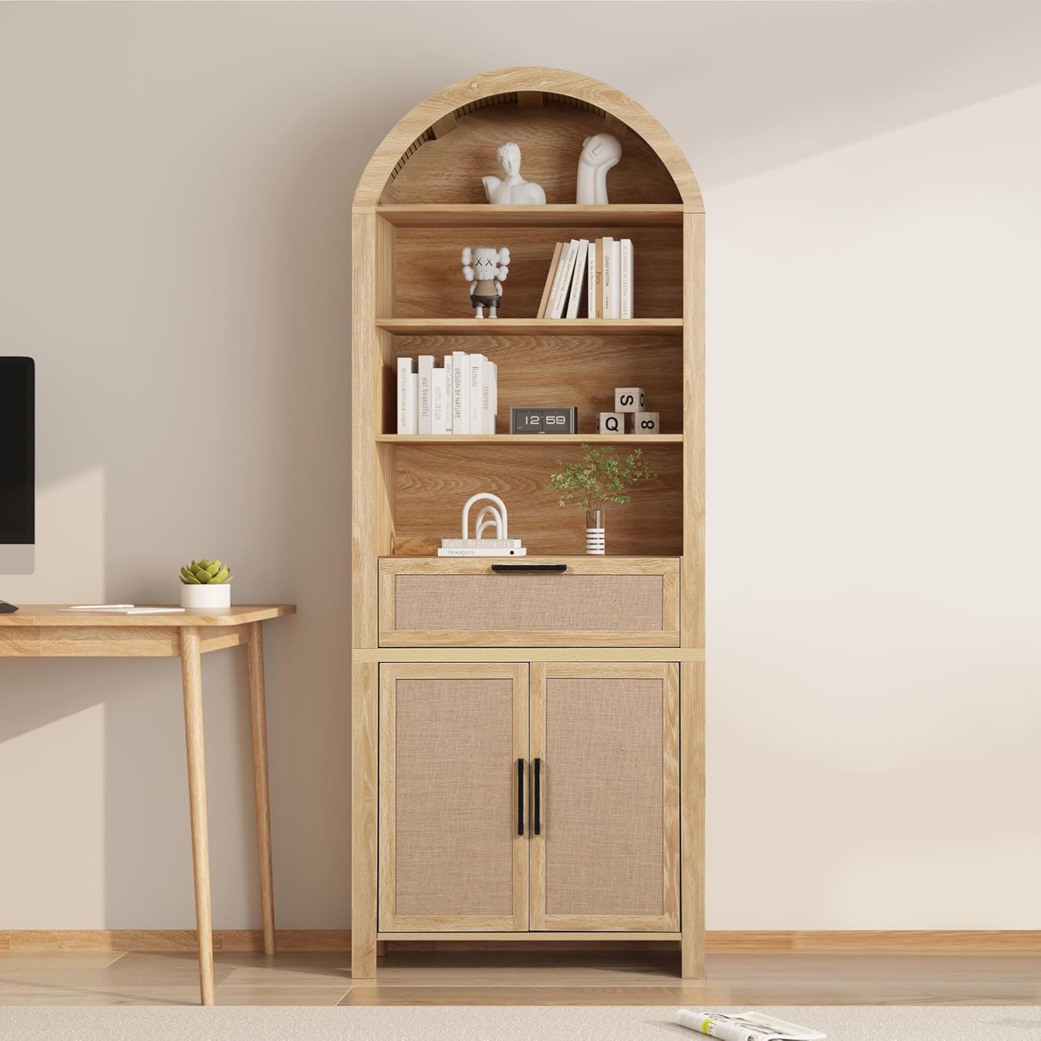 Giratree 79" Tall Arched Bookcase with Storage, Mid Century Modern 6-Tier Cabinet with Door and Drawer, Arched Bookshelf with Open Display Shelf for Office Living Room kitchen storage cabinet